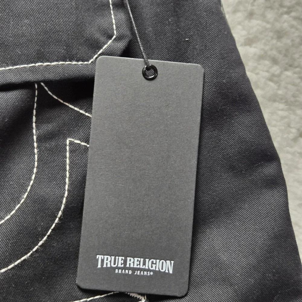True Religion Cargo Pants Mens 36x32 Black Contrast Stitch Denim Pockets Casual